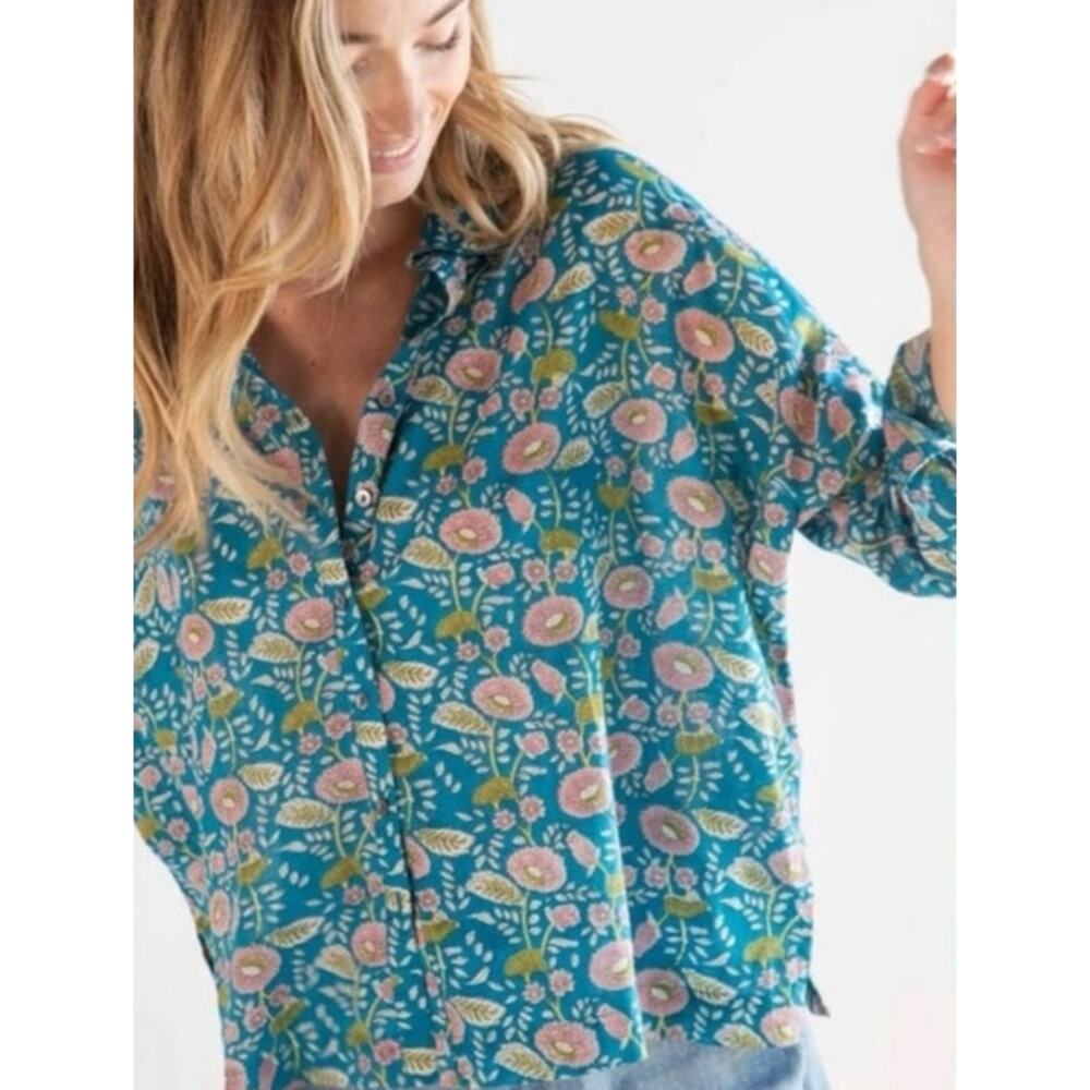 Natural Life Blue Floral Boho Button Front Blouse Size Large